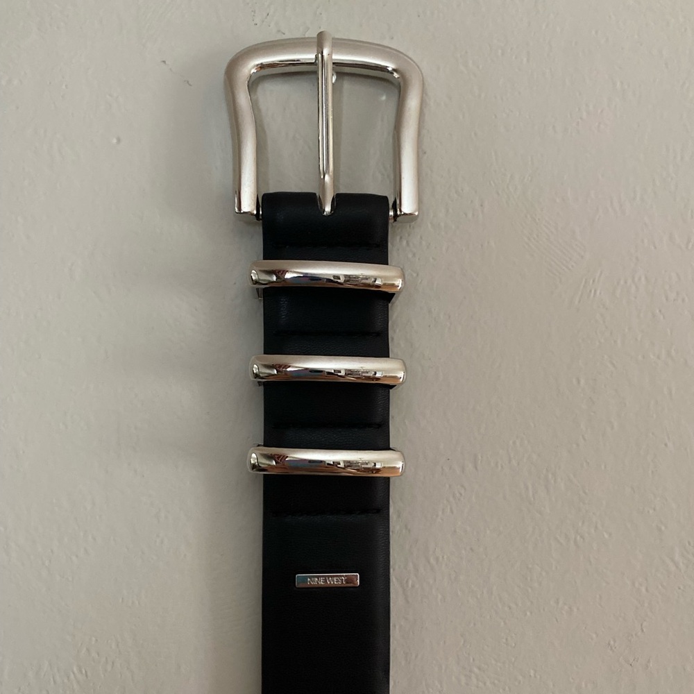 Nine West Black Leather Belt with Silver Buckle